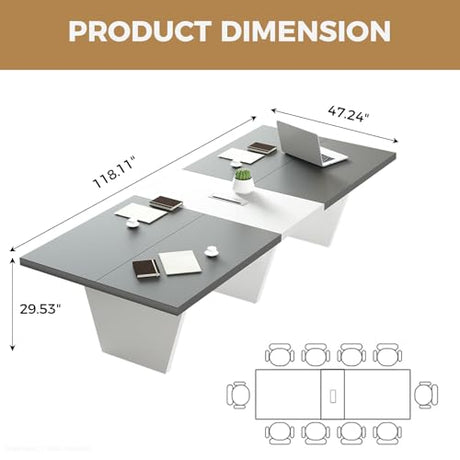 Nuipesn 10FT Rectangular Conference Table (119"), Modern Boardroom Meeting Table for 10-12 People, 2.13" Thick Top, Center Cable Management Grommet, Two-Tone Office Table, Dark Gray & White Nuipesn