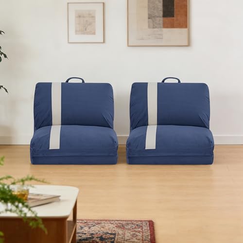 CITTANEO Folding Sofa Bed Set of 2, Convertible Floor Sofa with 6-Position Adjustable Backrest, Metal Frame and Handle, Futon Floor Couch for Dorm, Bedroom, Apartment, Navy Blue CITTANEO