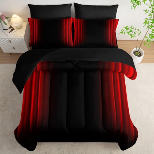Nttopship Red and Black Bedding Set Queen Size Abstract Ombre Comforter Set Bedding Set 7 Piece in A Bag,Dark Quilt Set Mordern Art Decor All Seasons with Pillowcases,Flat, Fitted Sheet Nttopship
