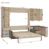 Quarte Queen Size Murphy Bed with Hydraulic Lift, Foldable Wall Bed with Sofa, Storage Shelves, USB Charging & LED Lighting, Space-Saving for Small Apartments Bedroom (Beige+Green Sofa) Quarte