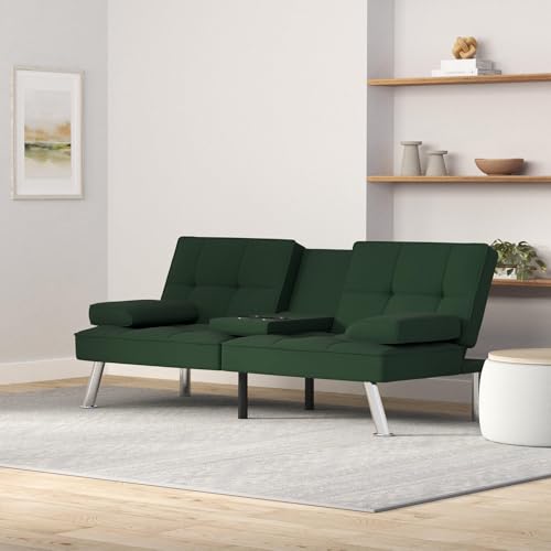 Best Choice Products Linen Modern Folding Futon, Reclining Sofa Bed for Apartment, Dorm w/Removable Armrests, 2 Cupholders - Dark Green Best Choice Products