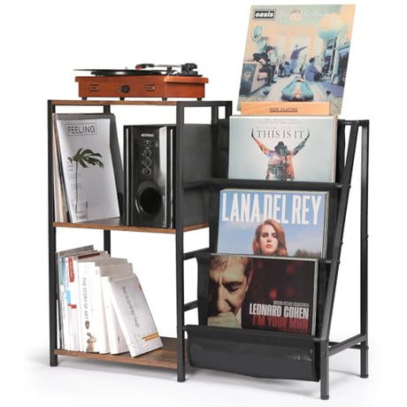 HYCFYJR Record Player Stand, 3-Tier Vinyl Record Storage, Turntable Stand with Now Playing Holder, Vinyl Display for Living Room, Rustic Brown HYCFYJR
