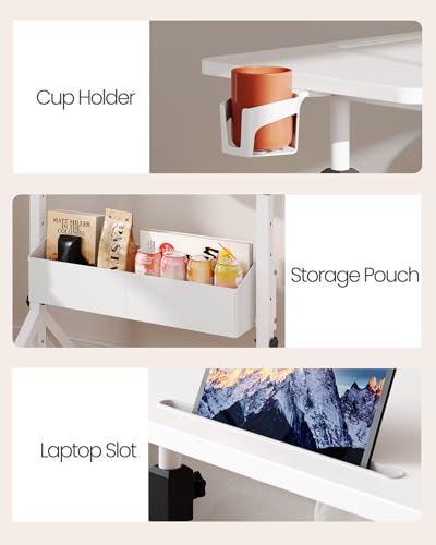 ErGear Mobile Standing Desk with Wheels, Adjustable Height 28.3″ to 46.3″, Rolling Laptop Cart with Cup Holder, Storage Basket, Computer & Pen Slot, Home Office Stand Up Desk, White (31.5″ x 15.75″) ErGear