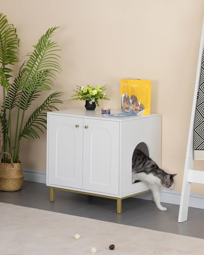 Hzuaneri Cat Litter Box Enclosure, Hidden Litter Box Furniture, Wooden Pet House Side End Table, Storage Cabinet Bench, Fit Most Cat and Litter Box, Living Room, Bedroom, White and Gold CB81203G Hzuaneri