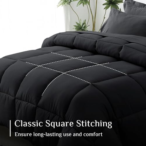 JOLLYVOGUE Full Comforter Set, Ultra-Soft Bed in a Bag Full Size 7 Pieces, Oeko-TEX Certified Bedding Set with Down Alternative Comforter, Sheets, Pillowcases & Shams, Black JOLLYVOGUE