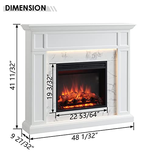 LegendFlame Fireplace Suite Sheraton, 48 Inch Mantel Surround, Cream White with Snow White Marble Pattern Finish, with 23 Inch Electric Fireplace Insert, 750W/1500W, Mood Light, Remote Control Legend Flame