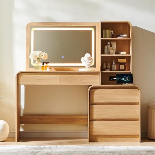 wow97e 50" Makeup Vanity Desk with 35.43" Mirror and Lights, Large 5 Drawers Makeup Table with Adjustable Shelves and Charging Station, 3 Lighting Modes for Women and Girls, Bedroom or Dorm, Natural wow97e