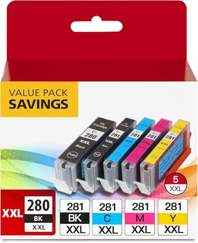 Filery PGI-280XXL/CLI-281XXL 5 Color Value Pack Replacement for Canon 280 281 Ink Cartridges Compatible with PIXMA TR7520 TR8520 TS6120 TS6220 TS8120 TS8220 TS9120 TS9520 TS6320 TS9521C Printer