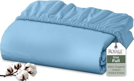 Royale Linens 100% Organic Cotton Fitted Sheet - Percale Weave - Super Soft Deep Pocket Bottom Sheets - Lake Blue Elastic Sheet Full Size - Full Fitted Sheets Only - (54"x75"+15", Lake Blue) ROYALE LINENS
