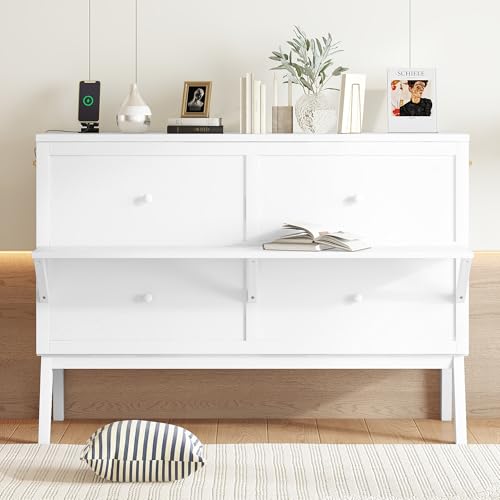 Ball & Cast Queen Size Murphy Bed W/ 2 USB Port & Power Outlets,Cabinet Bed W/Desk & 2 Removable Shelves,Wall Bed Frame for Home Office,Apartment,Guest Room,White Ball & Cast