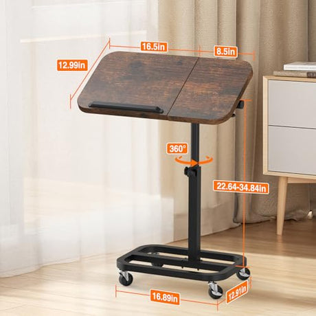 alentar Large-Size Portable Laptop Rolling Desk with Wheels, Adjustable Height and Tilt Top Stable Mobile Over-Bed Table for Home Use - Brown alentar