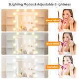 Makeup Vanity Desk with Lights, Glass Top Vanity with Charging Station, Vanity Mirror with 9 LED Lights Desk, Nightstand, Vanity Set with Storage Bench, 3 Lighting Modes Brightness Adjustable, White VALONDINO
