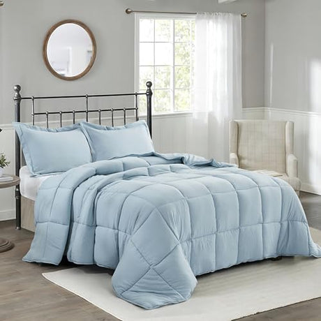 HIG Pre Washed Down Alternative Comforter Set Twin - Reversible Chic Quilt Design - Box Stitched with 4 Corner Tabs - Lightweight for All Season - Blue Duvet Comforter with 2 Pillow Shams HIG
