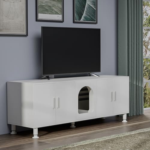 Amunrbrek Double Litter Box Enclosure, Litter Box Enclosure for 2 Litter Boxes, Modern Litter Box Furniture for 2 Cats, with Cat Door & Motion Light (White) amunrbrek