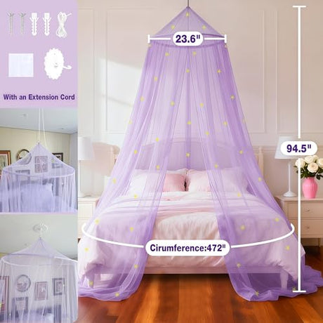 LionLively Purple Bed Canopy for Girls with Glow-in-The-Dark Stars, Princess Canopy Curtains Fits Single, Twin, Full, Queen Size Bed, Bedroom Accessories, Ceiling Tent LionLively