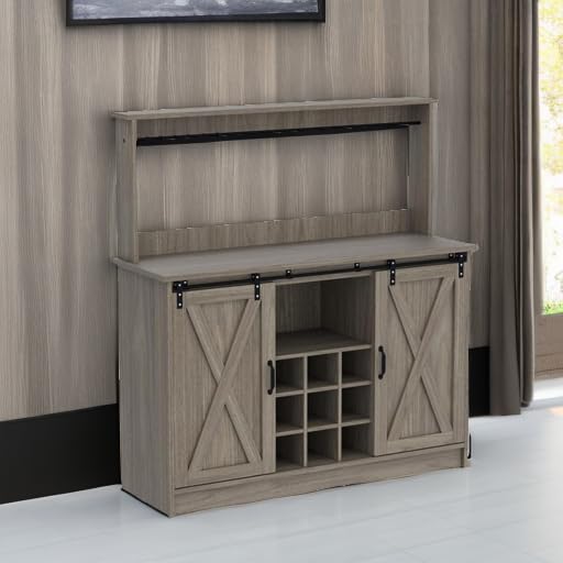 4ever2buy Farmhouse Coffee Bar Cabinet with Sliding Barn Doors, 50 Inch Coffee Bar Hutch with 6 Hooks and 9 Mug Rack, Hutch Cabinet with Storage for Living Room 4ever2buy