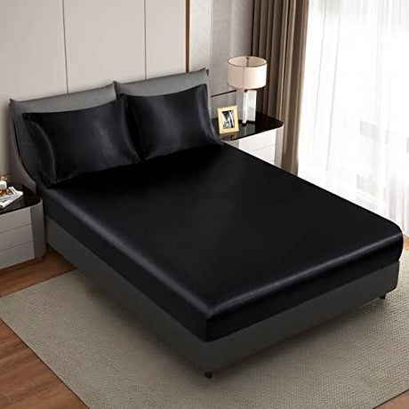 HommxJF Silk Satin Black Full Fitted Sheet, Deep Pocket Fitted Sheet Only, Breathable, Non- Fading, Fully Elasticized Bed Sheets Sold Separately HommxJF
