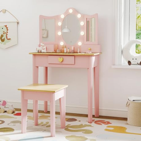 labebe Kids Vanity, Girls Vanity Desk with LED Changing Lights, Pretend Play Princess Vanity Set, Wooden Toddler Makeup Desk Dressing Table with Drawer and Chair (Pink) labebe