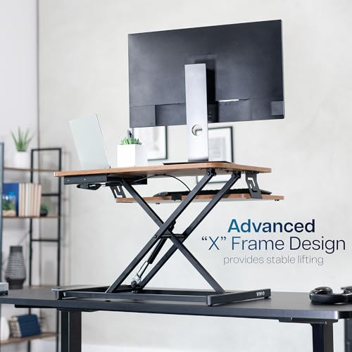VIVO Height Adjustable 32 inch Stand Up Desk Converter, Quick Sit to Stand Tabletop Dual Monitor Riser Workstation, Rustic Vintage Brown Desktop, Black Frame, DESK-V000SN VIVO