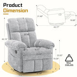 Korser Recliner Chair, Swivel Rocker Recliner Chair for Adults, Small Recliners for Small Spaces, Manual Recliner Chair with Side Pockets, Nursery Rocking Chair for Living Room, Chenille, Silver Grey