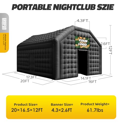 GR8FUN Large Inflatable Nightclub Tent 20X16.5X12Ft with Blower, Black Party Tent, Gazebo Event House for Wedding, Backyard Party, Birthday Celebration GR8FUN