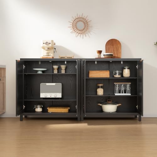 SICOTAS Sideboard Buffet Storage Cabinet - Boho Rattan Credenza Coffee Bar Cabinet with Large Storage, Farmhouse Console Buffet Table for Kitchen Living Room Entryway - 2 Black Pieces SICOTAS