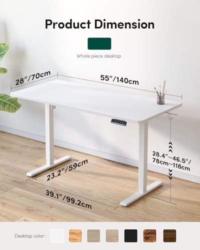 CubiCubi 55 x 24 Large One-Piece Standing Desk, Adjustable Height Electric Computer Home Office Sit Stand up Workstation, with 4 Memory Presets, Headphone Hook, White CubiCubi