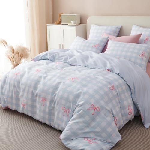 Bildenly Blue Plaid Twin Comforter Set - Pink Bow Quilt Bedding Set 2 Pieces, Gingham Comforter Set Twin Size, Soft & Lightweight Comforter(68‘’ x 90‘’) for Girl All Season & 1 Pillowcase(30‘’x20‘’) Bildenly