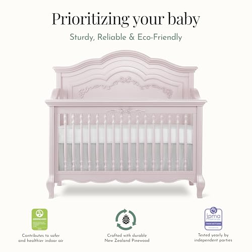 Evolur Aurora 5-in-1 Convertible Full-Size Baby Crib in Dusty Rose, GreenGuard Gold & JPMA, 3 Mattress Heights, Ribbon Bow Scrollwork & Queen Anne Feet, Converts to Toddler, Day & Full-Size Bed