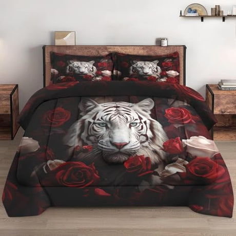 WeCozy Queen Size Comforter Set with 2 Pillowcases, White Tiger Wild Animal 3 Pcs Bedding for Kids and Adults, Beautiful Red Rose Flower Soft Comforter Set for Bedroom Bed Decor WeCozy