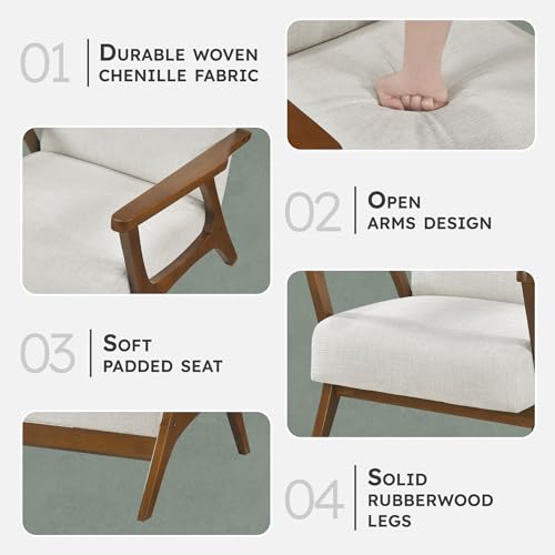 Lexicon Mid-Century Modern Accent Chair, Woven Chenille Fabric Lounge Chair, Chestnut Solid Wood Frame, Wide Arm Rest and Cushioned Comfort for Living Room/Office/Bedroom/Reading Nook, Beige Lexicon