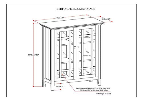 SIMPLIHOME Bedford SOLID WOOD 39 inch Wide Rustic Medium Storage Cabinet in Dark Tobacco Brown, with 2 Tempered Glass Doors, 4 Adjustable Shelves