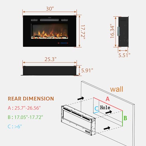 Kentsky 30 inches Electric Fireplace Inserts, Recessed and Wall Mounted Fireplace Heater, Linear Fireplace w/Thermostat, Remote & Touch Screen, Multicolor Flame, Timer, Logs & Crystal, 750W/1500W Kentsky