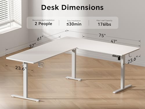 WALKINGDESK 75x61 Inches Reversible L Shaped Standing Desk Height Adjustable with Cup Holder, Electric Corner Computer Workstation for Home Office, Ergonomic Sit Stand up Gaming Desk, White WALKINGDESK