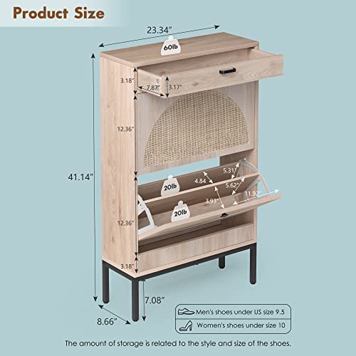 Brafab Shoe Storage Cabinet with 2 Flip Drawers&1 Small Drawer, Slim Entryway Shoe Organizer with Half Round Woven Rattan Doors for Sneakers… Brafab