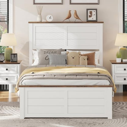 LUXOAK Farmhouse Twin Size Bed Frame with Headboard and 4 Storage Drawers, Solid Wood Barn Door Platform Bed with Wood Slats, Heavy Duty Mattress Foundation, Non-Slip & Noise-Free, Antique White