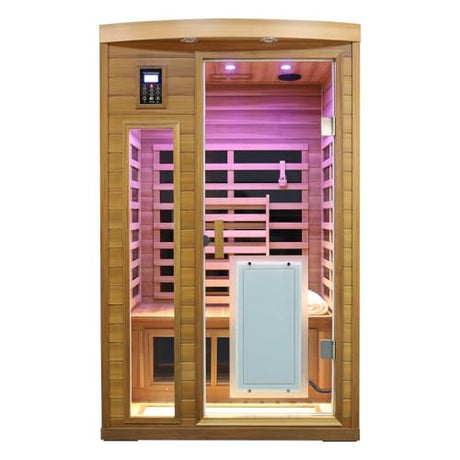 2 Person Low EMF Infrared Sauna for Home, Red Cedar Wood Far Infrared Saunas, 1750watt Indoor Personal Sauna Room with Door Heating Panels, Blue-tooth, 7-Color Chromotherapy Lights, 2 Outdoor Lamps Kanlanth
