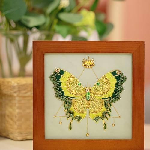 Craftreasure Embroidery Kit for Adults, Butterfly Embroidery Kit for Beginners Include Embroidery Beads Threads for Craft Lover Hand Stitch with Embroidery Skill Technique (Green - Easy)