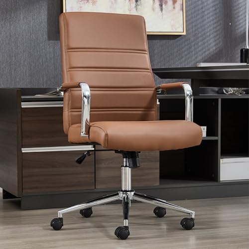 Office Desk Chair Leather, Conference Room Chairs with Wheels, Modern Executive Office Chairs Adjustable Height, Ergonomic Swivel Rolling Ribbed Computer Chair(Brown) Awtuku