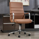 Office Desk Chair Leather, Conference Room Chairs with Wheels, Modern Executive Office Chairs Adjustable Height, Ergonomic Swivel Rolling Ribbed Computer Chair(Brown) Awtuku