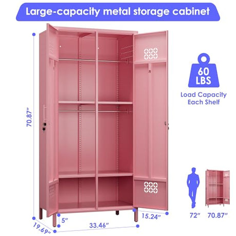 METAN 71" H*33.5" W*20" D Metal Wardrobe Closet with Lock,Extra Deep 2 Doors Metal Wardrobe Cabinet for Home,Assembly Required,Pink METAN