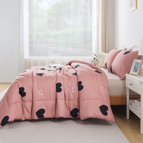 Caressma Love Pattern Girls Pink Comforter Set Twin Size, Cameo Brown Cute Love Heart Print Sexy Comforter Bedding Set for All Seasons, Geometric Soft Microfiber Comforter Set with Pillowcase Caressma