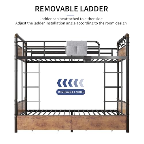 Jocoevol Metal LED Bunk Bed Twin Over Twin with 2 Storage Drawers, USB Charging Station, Industrial Bunkbeds Heavy Duty Bed with Safety Guardrail and Ladder, No Box Spring Needed, Vintage Brown Jocoevol