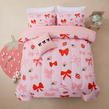 A Nice Night Red Bow Comforter Set,6 Piece Bed in a Bag Matching Sheet Set,Cute Ribbon Bowknot Bedding Sets,Princess Style Strawberry Printed,Light Pink Room Decor for Girls,Full A Nice Night
