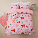 A Nice Night Red Bow Comforter Set,6 Piece Bed in a Bag Matching Sheet Set,Cute Ribbon Bowknot Bedding Sets,Princess Style Strawberry Printed,Light Pink Room Decor for Girls,Twin A Nice Night