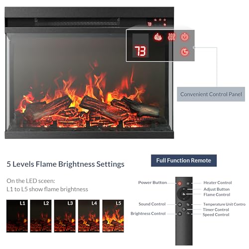 BELLEZE 23" Electric Fireplace with Realistic Crackling Sound, 3-Side Glass Display Fireplace Heater, Adjustable Timer & LED Flame Lights, Freestanding Indoor Fireplace for Bedroom, Living Room BELLEZE