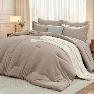 MUXHOMO 7 Pieces Queen Comforter Set, Soft Bed in a Bag Queen Size, All Season Bedding Set with Comforter, Flat Sheet, Fitted Sheet, Pillowcases & Shams, Linen