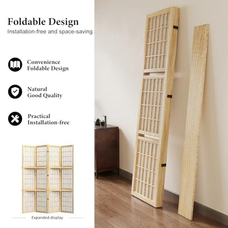 5.6FT Room Divider and Folding Portable Partition Screen, Chinese Japanese Shoji Style with Three Display Shelves for Room Separation - 4 Panel (Natural) Svimi