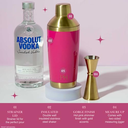 Paris Hilton 2-Piece Cocktail Shaker Set, Double Wall Insulated Stainless Steel Mixer with Built-In Strainer and Double-Sided Jigger, 20-Ounce, Gold and Hot Pink Paris Hilton