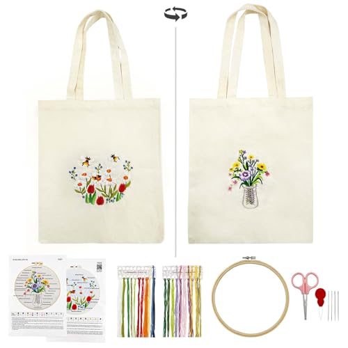 SNAIL GARDEN Double-Sided Embroidery Tote Bag Kit for Beginners, Reversible Floral and Bee & Vase Design, Complete Cross Stitch Supplies Included for Adults & Women
